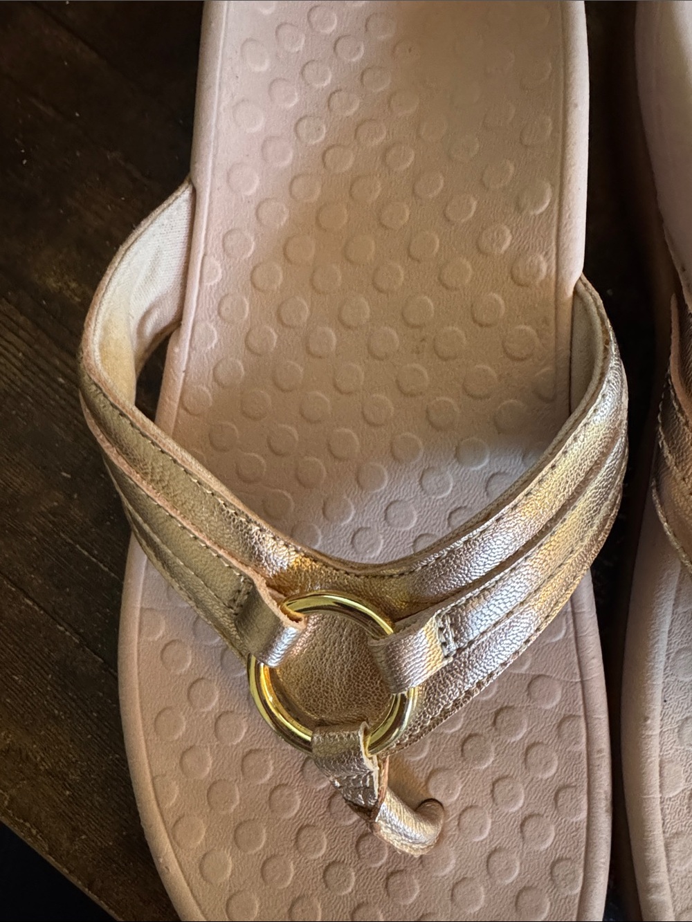 Vionic Rose Gold Metallic Thong Sandals with Gold Ring Accent - Picture 2 of 4